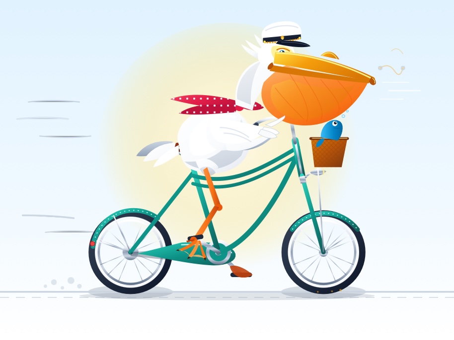 This pelican has  a very cool curved green bicycle, a fish in its basket, a lovely red and white spotted scarf and a captain's hat